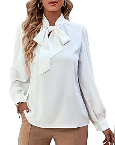 Rooscier Blusa Elegante de Gasa con Cuello de Lazo de Manga Larga con puños de Botones para Mujer, Blanco, XX-Large