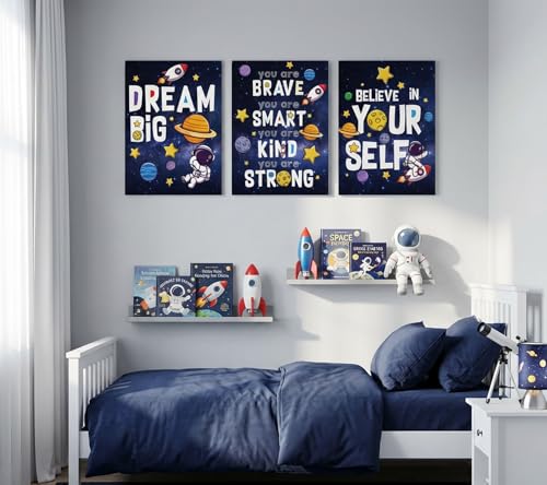 Image of 3Pcs Inspirational Space Astronaut Kids Canvas Wall Art, Inspirational Quotes Painting Picture Wall Decor, Boys Positive Affirmative Poster Print Artwork for Playroom, Classroom, 16x24in