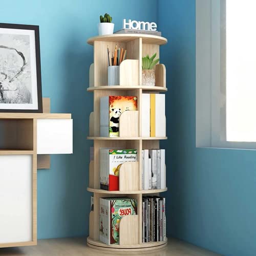 Image of TNUEEIO 4-Tier Wooden Rotating Bookshelf,Natural Solid Wood Revolving Floor Standing Bookcase 360 Display Corner Storage Rack for Kids Adults, Stackable Shelves Bookshelf Organizer