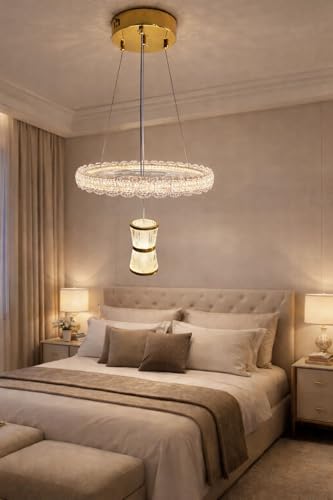 Image of Modern Luxury Stylish LED Crystal Ring Gold Finish with 3 Different Color Mode (Warm White, Cool White, Neutral White) Chandelier with Height Adjustable Hanging for Bedroom, Living, Dining,