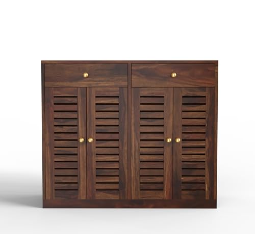 Image of PLANKO Asiya Acacia Shoe Rack with 4 Shelves & 2 Drawers | Keeps 20 Pair Shoes | Wooden Shoe Stand for Home | Space Saving Storage Rack (Walnut)