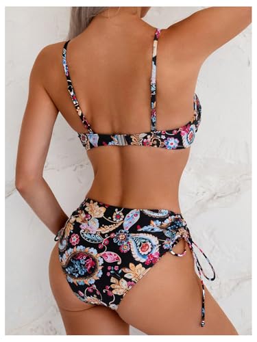 MakeMeChic Women's Floral Bikini Sets Spaghetti Strap Ruched Drawstring Beachwear Bathing Suit3