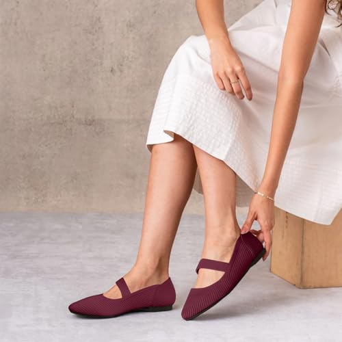 Image of TINGRISE Women's Flats Shoes Pointed Toe Knit Washable Ballet Comfortable Dressy Mary Jane Flat