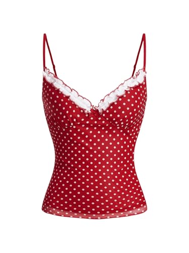 BEAUDRM Women's Polka Dots Cami Tops Coquette Mesh Lace Trim
