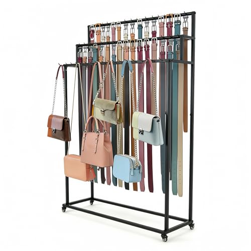 MikaYYeaga Belt Rack, 3-Tier Belt Organizer with 42 Hooks & Wheels, Tie Rack & Bag Rack for Retail Display, Multi-Layer Belt Hanger & Tie Hanger for Store (Black)