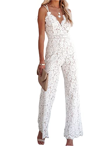 ensswliz Women Elegant Jumpsuit Spaghetti Straps V Neck Solid Color Lace Backless One Piece Wide-leg Jumpsuits Long Playsuit (White, L)
