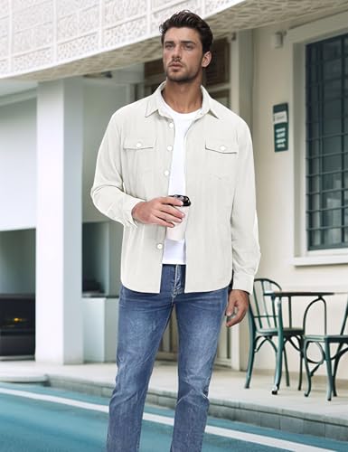 COZYPOIN Men's Corduroy Shirt Jacket Long Sleeve Button Up Casual Work Shacket with Flap Pockets4