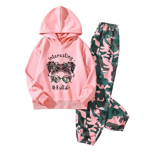 Image of Girls' Hoodie and Pants Set, Cartoon Printed Loose Sweatshirt Rib Knit Cuffs and Hemline and Elastic Waist Pants