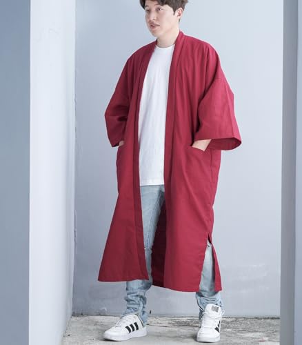 Image of Men's Long Cotton Linen Kimono Cardigan Oversized Noragi Jacket Man Haori Summer Yukata Beach Robe