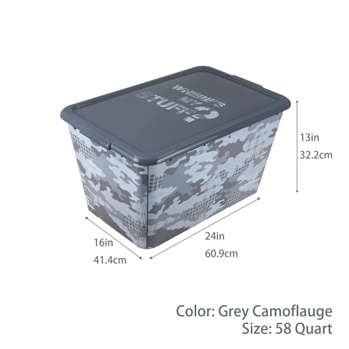 Image of SIMPLYKLEEN 4 Packs 58 QT Plastic Storage Bins with Grey Camoflauge Print Lids, Stackable Storage Container, Large Storage Box for Organizing Garage, Closet, Kitchen, Made in the USA