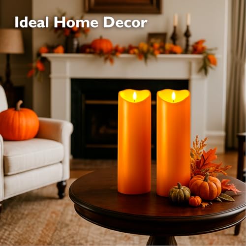 Image of Homemory 4 inchx12 inch Halloween Orange Flameless Candles, Fall Candles, Outdoor Waterproof Flameless Candles with Remote and Timers, Battery Operated LED Pillar Candles, Won't Melt Plastic, Set of 2