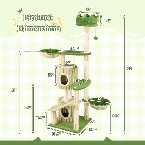 Árbol para gatos verde de 63 pulgadas con 2 cabañas y rascador miniatura 4