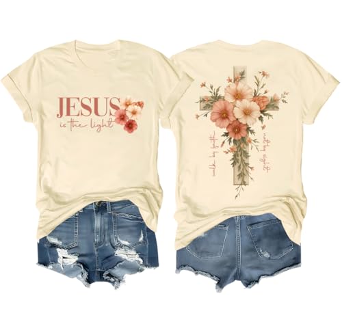 Faith Cross Christian Shirts for Women with Floral Cross Print, Womens Graphic Tees Short Sleeve Tshirt