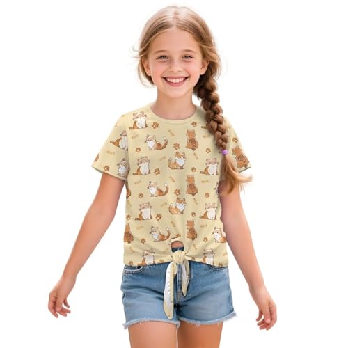 Cute Girls Tie Front Top Short Sleeve T Shirts Round Neck Tees Summer Clothes for Kids 5-12T