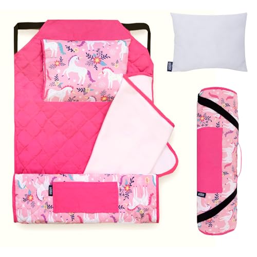 Image of Wildkin Modern Kids Nap Mat with Pillow for Girls - Cotton Blend, Elastic Straps, Toddler Sleep Mat for Daycare, Preschool, Kindergarten & Travel, Ages 3-7, Machine Washable - Magical Unicorns