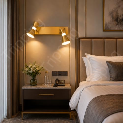 Image of TRIPPING LX397 8W 3-in-1 LED Wall Light with 2 Adjustable Heads, Golden Metal Focus Spot Lamp for Dressing Table, Mirror, Bedside and Accent Wall, 30 x 15 x 7 cm