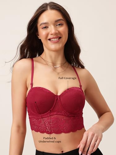 Image of Clovia Women Lace Solid Padded Full Cup Underwired Bralette Bra - Red