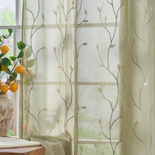 jinchan Green Sheer Curtains for Bedroom 63 Inch Length Leaf Embroidered Semi Sheers for Living Room Botanical Embroidery Voile Transparent Grommet Wi