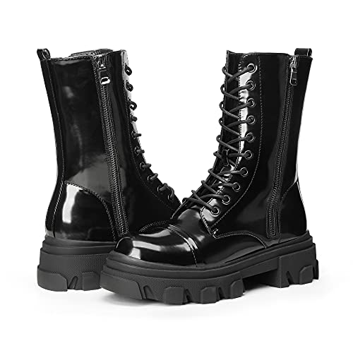 DREAM PAIRS Women's Combat Boots Lace up Mid Calf Boots Low Heel Chunky Platform Lug Sole Riding Boots,Size 8.5,Black,DMB215