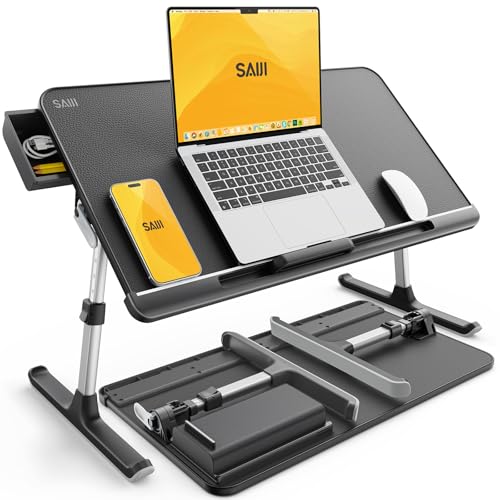 Laptoptisch Betttisch, SAIJI 100% E0 Eco Holzplatte Verstellbarer Betttisch, mit Schublade, klappbare Beine, 40kg Belastung, Tischplatte aus PVC-Leder Lesen,Essen für Bett und Sofa