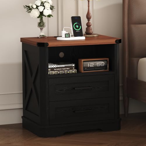 Image of Yusong 23.62 inch Tall Farmhouse Nightstand, Rustic Wooden Night Stand with Charging Station, Beside Table with Drawers and Open Storage, End Tables for Bedroom, Black