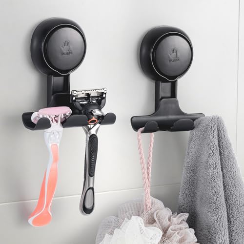 LEVERLOC Rasierer Halterung Dusche 2 Stück Schwarz Starker Vakuum Saugnapf Haken Rasierhalter Dusche Wiederverwendbar für Rasierer Handtücher Bademäntel Abnehmbar Saugnäpfe Haken Ohne Bohren