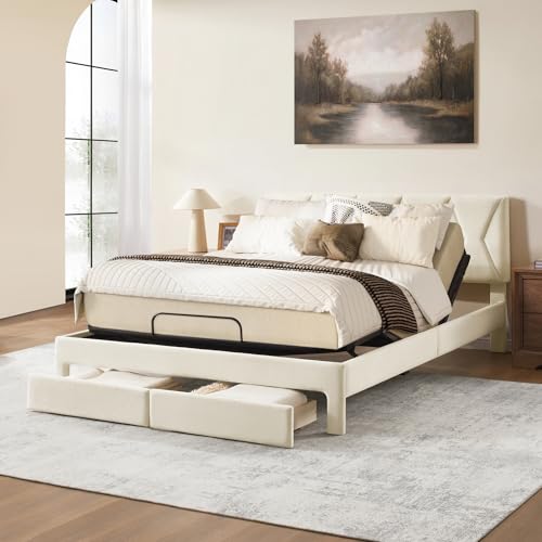 Image of Softa Queen All-in-One Adjustable Bed Frame with 10 inch Gel Hybrid Mattress, Electric Bed with Upholstered Headboard & 2 Storage Drawers, Remote Control, Whisper Quiet Motor, 10-Year Warranty