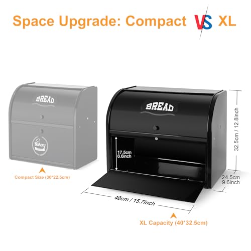 Esilihom Extra-large Bread Bin, Bread Bins for Kitchen, 2-Layer | Large | Roll Top | 40 x 24.5 x 32.5cm, Black - Cosy Home Interiors Esilihom Extra-large Bread Bin, Bread Bins for Kitchen, 2-Layer | Large | Roll Top | 40 x 24.5 x 32.5cm, Black - Image 2