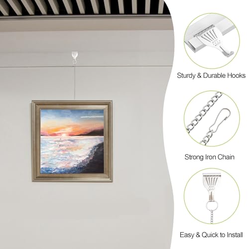 Image of Picture Hanging Kit 10Pcs Picture Rail Hooks with 10Pcs Chains, Metal Rail Hanging Hooks Picture Display Hanging System for Wall Picture, Exhibition(Silver)