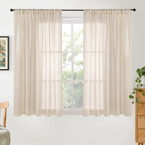 Image of BGment Tan Linen Curtains 45 Inch Length 2 Panels, Burlap Semi Sheer Drapes | Light Filtering with Rod Pocket for Living Room Bathroom Window Decor Rustic Natural Lightweight, 2 Panels, 42 X 45 Inch
