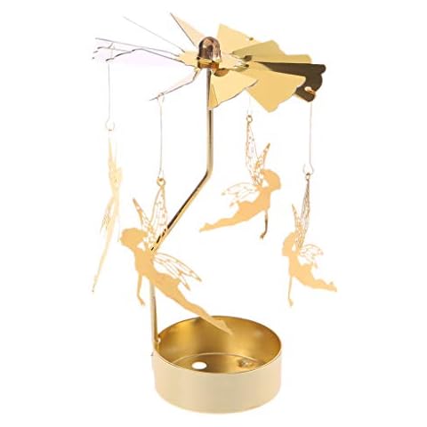 Baiyao Angel Spinning Rotary Carousel Metal Tea Light Candle Holder Center Candelabrum Golden Iron Pillar Candle Holders Candlestick Christmas/Wedding/Home Table Decor Cover
