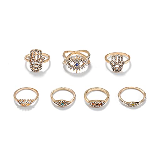 Formery Retro Rhinestones Hollow Rings Gold Evil Eye Stackable Midi Ring Set Plated Hamsa Hand Multi Size Finger Rings for Women and Girls (7Pcs)