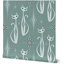 Peel & Stick Wallpaper Swatch - Diamond Cats Vintage Retro Mint Cat Kitty 1950S Custom Removable Wallpaper by Spoonflower