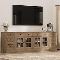 Yechen Modular Farmhouse Sideboard & Glass Door Cabinet Set, 4-Piece Rustic Buffet Storage Console & TV Stand, Supports Up to 85\" TVs, Credenza for Living or Dining Room, Light Oak