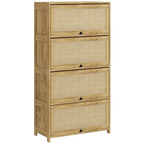 HOMCOM Mobile Cucina in Stile Boho con 4 Ante a Ribalta, Credenza Cucina in Truciolato e Rattan, 70x32x132.8 cm, Color Legno