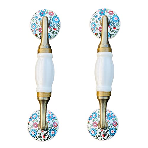 Image of Maison Belle- Art & Craft Ceramic Door Handle Gold Antique Finish - (Size 7 Inch) - Hole to Hole 5 INCH (Pack of 1) (White 7 INCH - Multi Flower KNOBS)