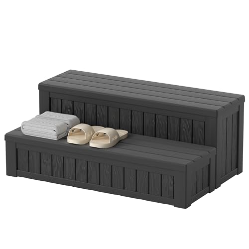 WTFGO Plastic Hot Tub Steps with Storage Spa Steps Outdoor Stairs 36.6 Inches Long - Non-Slip All Weather Top & Feet 32 Gallon Capacity Waterproof for Porch/RV/Deck Sturdy Plastic Frame Black