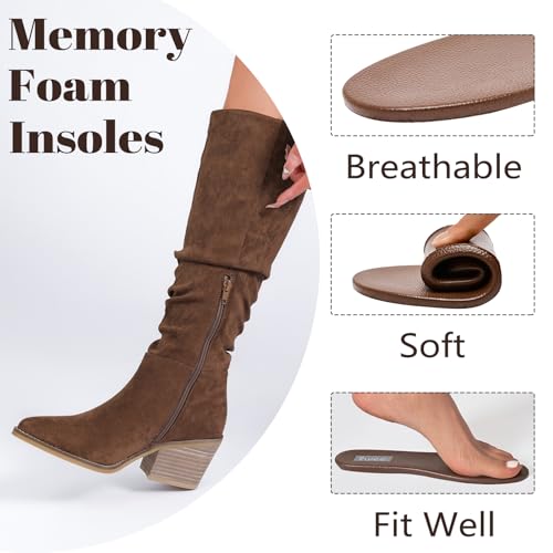 Trending Now! Best Knee High Boots for Wide Calves: 13 Comfortable Options for Women Over 50 6 Ruiee Women's Knee High Boots, Wide Calf Chunky Block Low Heel and Slouchy Pointed Toe Winter Long Boots for Women.240961 Brown MF Size9.5