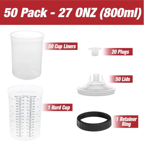 Image of LAUCO Disposable Spray Gun Paint Cups Kit - 50 Pack Liners & Lids with 125 Micron Strainer, Hard Cup, Retainer Ring & Plugs (800ml / 27oz)