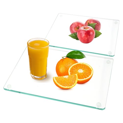 2pcs Tabla de Cortar de vidrio templad,Tabla de Cortar de Vidrio con borde de encimera, Tabla de cortar de acrílico sin BPA, con Patas de Silicona Antideslizantes,Resistente al Calor y a los Arañazos