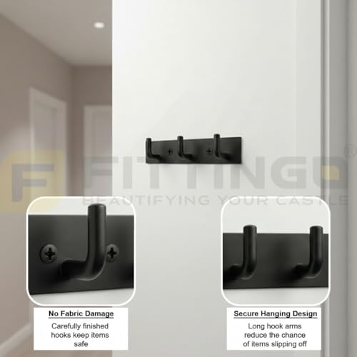 Image of Stainless Steel 3 Hook Cloth Hanger for Door /Dress Hanger Wall Mount /Bathroom Hooks for Hanging Clothes (Black) Pack of 1-| 3 Years Warranty |