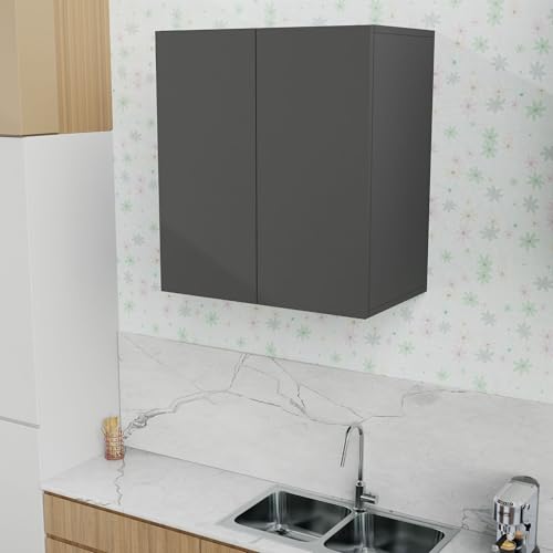 Image of 2 Door Multipurpose Wall Mounted Cabinet with Adjustable & Fixed Shelf | Storage for Modular Kitchen, Bathroom, Office & Living Room | Assembly-DIY | Color-Grey | Size-60x33x63.8 Cm