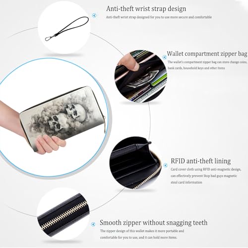 Bxgolkgd Womens Wallet, RFID Blocking Leather Wallet,Large Capacity Wallet Credit Card Holder PU Leather Ladies Clutch with Zipper Coin Pocket - Smoke Skull4