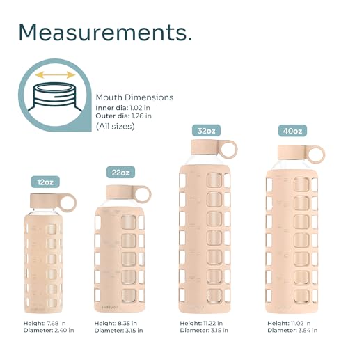 purifyou 40oz / 32oz / 22oz / 12oz Borosilicate Glass Water Bottle with Time & Volume Markers, Silicone Sleeve, Stainless Steel Lid | Reusable Glass Bottle for Water & Juice (32oz Hazelnut)