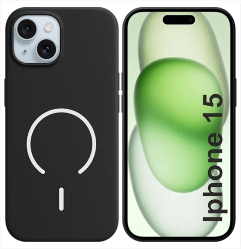Image of SBMS Silicone Back Cover Case for iPhone 15 | Soft Micro-Fibre Lining Inside | Magsafe Print On Back Side Camera Protection Bump | Shockproof Case iPhone 15 (Black)