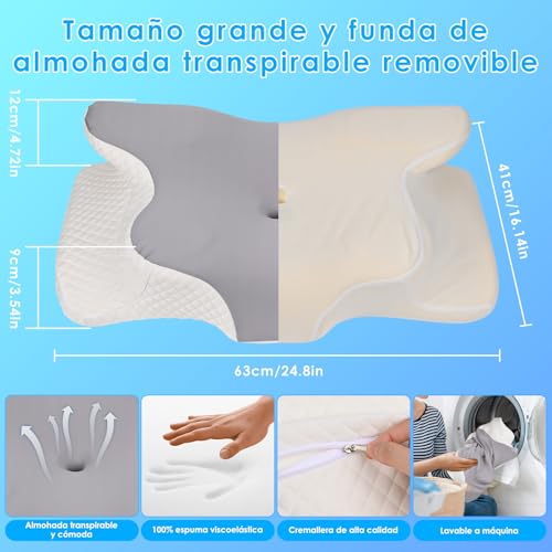 Miniatura 6 de Dreamhigh Almohada Cervicales Y Cuello, 2 En 1 Almohada Antiarrugas, Alivio Eficaz Del Dolor, Almohada Antironquidos Para Dormir De Lado, Boca Arriba Y Boca Abajo, 63 X 42 Cm X 9 12 Cm