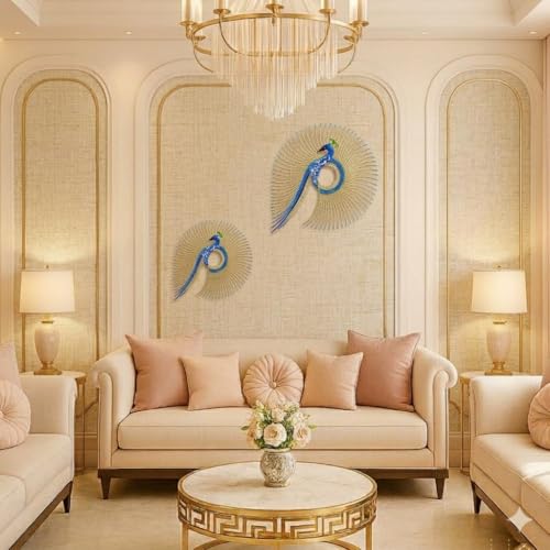 Image of SNS DECOR Alluring Metal Peacock Set of 2 Wall Art Decorations | Perfect 3D Wall Sculpture For Living Room, Bedroom, Drawing Room & Office-Blue Finish (Big-20x22inch, Small-14x17inch)
