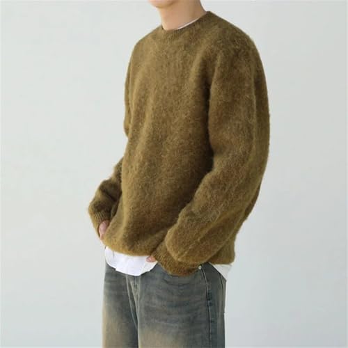 Men's Round Neck Wool Blend Knit Sweater Tops Fashion Loose Long Sleeve Solid Color Fleece Knit Sweater2