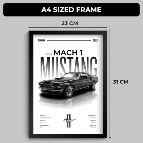 Image of Mustang Poster | Framed 1969 Mustang A4 Sized (31 x 23 cm) | Muscle Poster for Wall, Gift for Boys, American Muscle Car Frames | Car Posters for Wall, Bedroom, Hostel, Study Area, Hostel (F 019)
