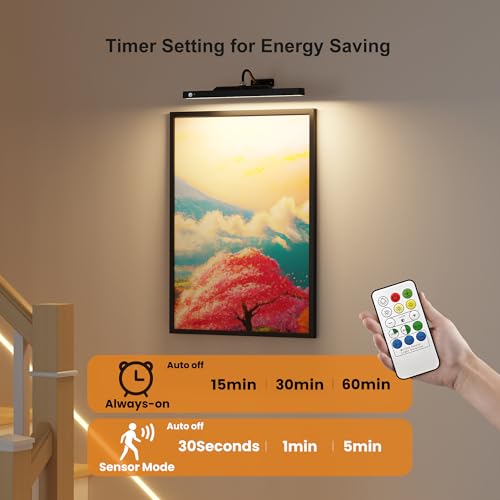 Kryoza Picture Light for Wall Art Motion Sensor – 16'' Wireless and Dimmable Gallery Light, 5000mAh Battery Operated with Remote Control Art Light Over Frame Paintings and Artworks (Black)